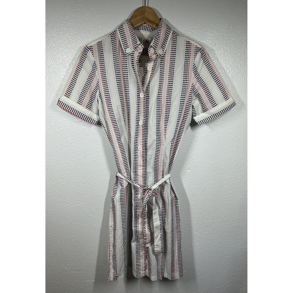 Ben Sherman Shirt Womens Medium White‎ Red Blue GR9001 Belted Button Dress Mod